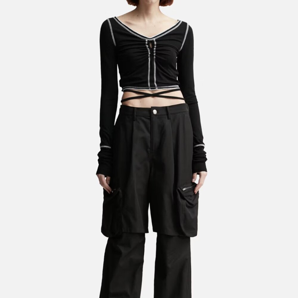 Lesugiatelier Shirred Long Sleeve Top Black Contrast Stitch Tie Waist Size M